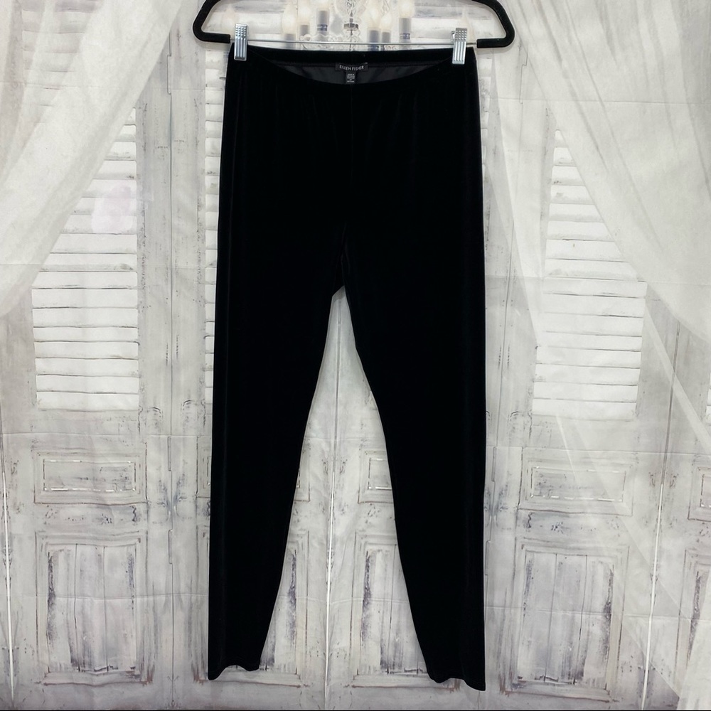 Eileen Fisher Black Velour Black Pull-On Ankle Leggings Recycled Polyester - Picture 2 of 9